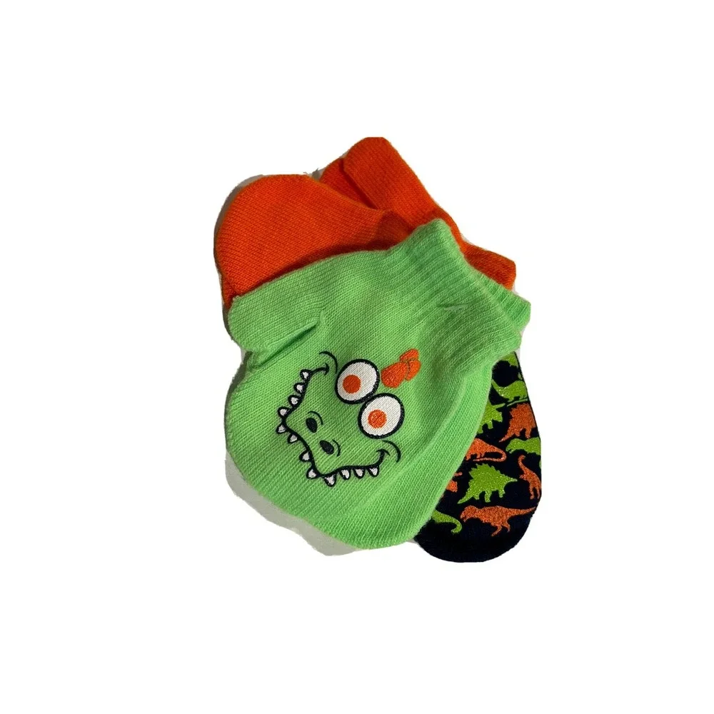 Dinosaur Mittens 3‎ Pair Super Cute Orange Lime Green Black Toddler New! BxMM